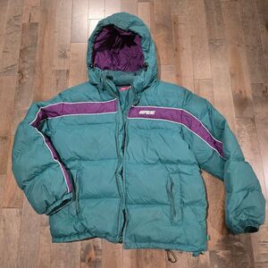 Supreme Down Puffer Jacket (Size XL) w/ Hood Stripe Panel Green w/ Purple